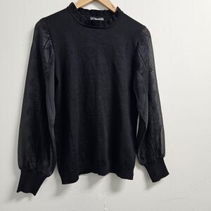 Adrianna Papell Sweater Women’s Medium Black Lace Trim Woven Sleeve Ruffle Neck